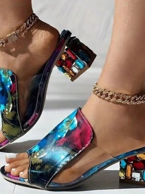 Chic Slip-On White Croc-Embossed Open-Toe Block Heel Sandals - Image 7