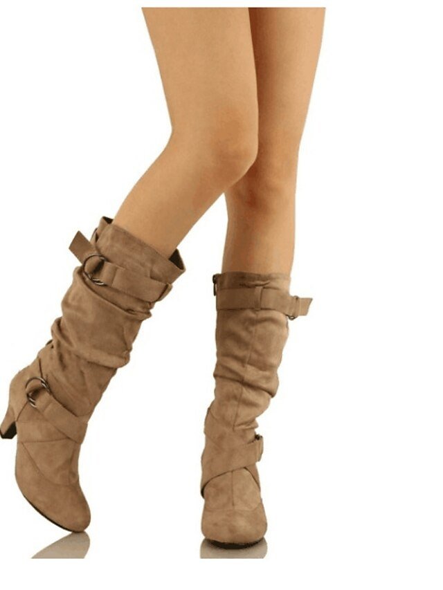 Chic Suede Slouchy Double Buckle Mid-Calf Stiletto Boots - Image 2