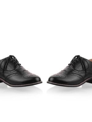 Classic Brogue Wingtip Round Toe Lace-Up Faux Leather Shoes - Image 18