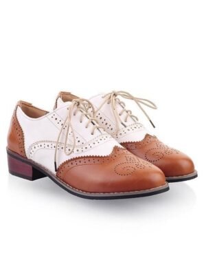 Classic Brogue Wingtip Round Toe Lace-Up Faux Leather Shoes - Image 5