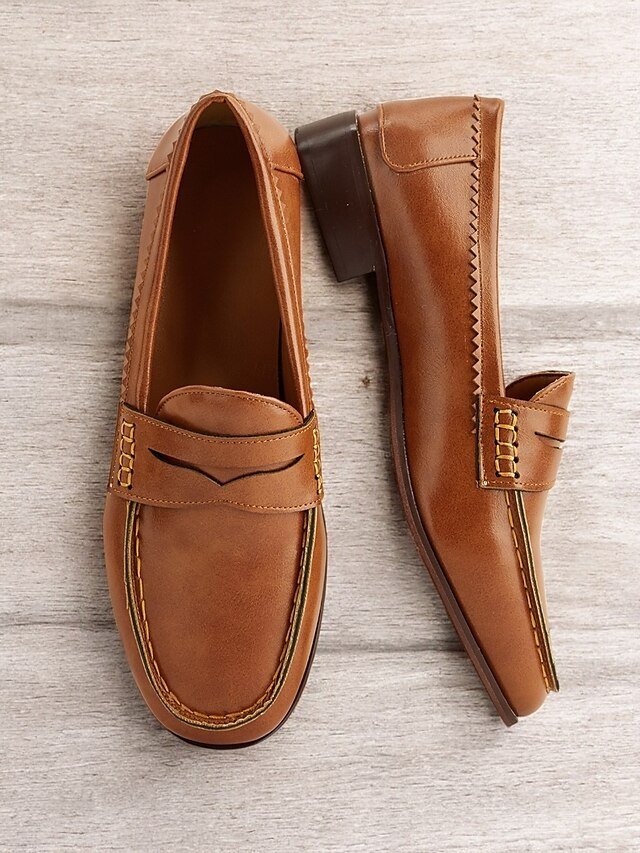 Classic Comfortable Brown Faux Leather Slip-On Loafers - Image 2
