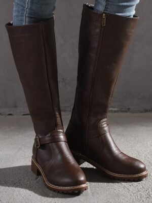 Classic Knee High Faux Leather Riding Boots with Side Zipper and Buckle - Image 6