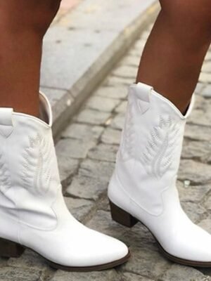 Classic Mid-Calf Embroidered Faux Leather Cowboy Boots - Image 2