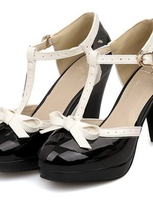 Classic Retro Patent Leather T-Strap High Heels - Image 2