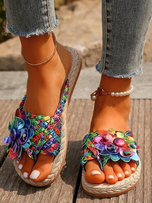 Colourful Bohemian Floral Slip-On Flat Sandals - Image 1