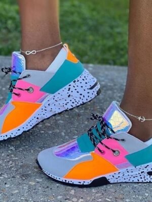 Colourful Chunky Lace-Up Holographic Athletic Sneakers - Image 1
