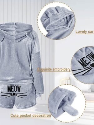 Comfort Loose Animal Cat Hoodie Long Sleeve Fleece Shorts Set - Image 6