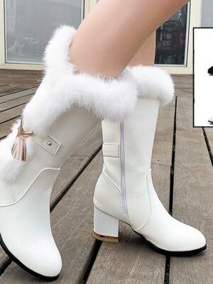 Comfort Round Toe White Faux Leather Fur-Trimmed Mid-Calf Boots - Image 1