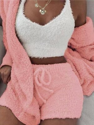 Cosy Relaxed Fluffy Hooded Long Sleeve Shorts Pajama Set - Image 1