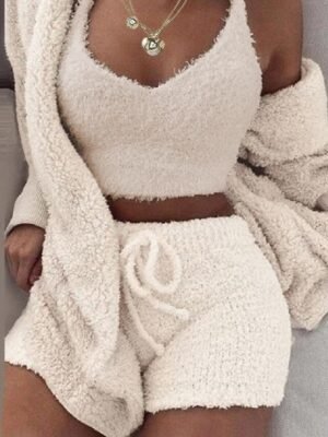 Cosy Relaxed Fluffy Hooded Long Sleeve Shorts Pajama Set - Image 13