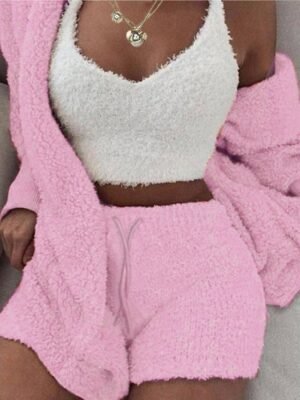 Cosy Relaxed Fluffy Hooded Long Sleeve Shorts Pajama Set - Image 9
