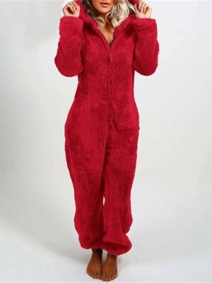 Cozy Comfort Fit Solid Hooded Long Sleeve Fleece One-Piece - Image 1