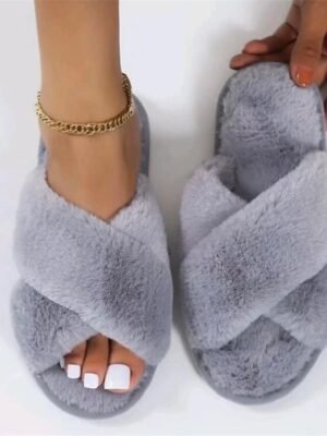 Cozy Plush Pink Cross-Band Faux Fur Slippers - Image 6