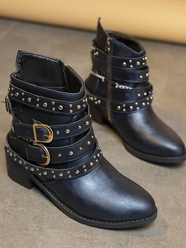 Edgy Fitted Black Studded Multiple Buckle Strap Ankle Boots - Image 1