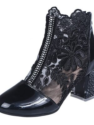 Elegant Ankle Lace Round Toe Chunky Heel Boots - Image 10