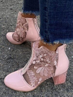 Elegant Ankle Lace Round Toe Chunky Heel Boots - Image 13