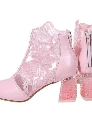 Elegant Ankle Lace Round Toe Chunky Heel Boots - Image 15