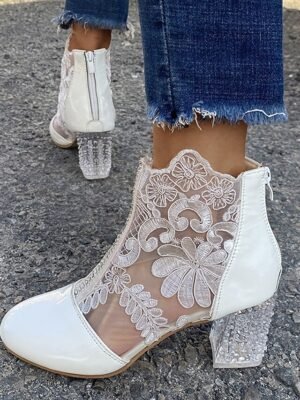 Elegant Ankle Lace Round Toe Chunky Heel Boots - Image 3