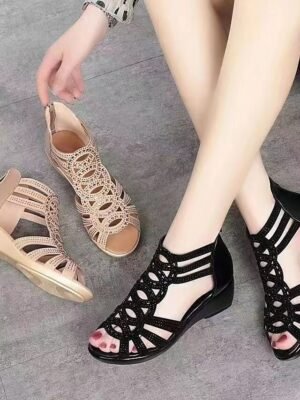 Elegant Beige Cut-Out Wedge Sandals - Image 5