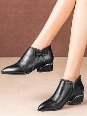 Elegant Beige Faux Leather Block Heel Ankle Boots - Image 7
