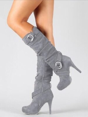 Elegant Black Knee High Buckle Strap Stiletto Boots - Image 3