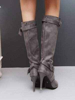 Elegant Black Knee High Buckle Strap Stiletto Boots - Image 7