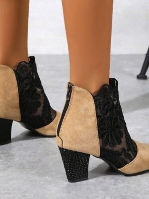 Elegant Black Lace Embroidered Ankle Block Heel Boots - Image 11