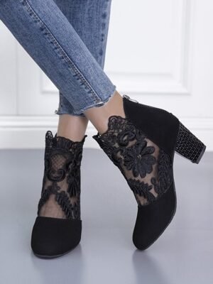Elegant Black Lace Embroidered Ankle Block Heel Boots - Image 2