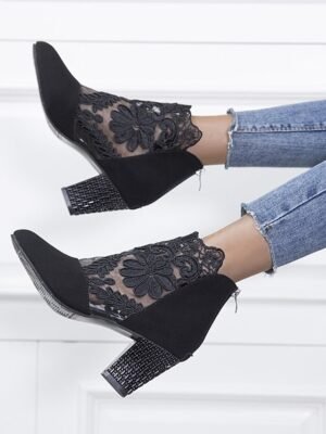 Elegant Black Lace Embroidered Ankle Block Heel Boots - Image 3