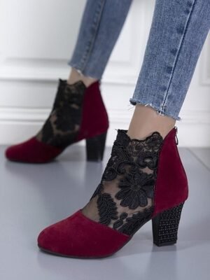 Elegant Black Lace Embroidered Ankle Block Heel Boots - Image 4