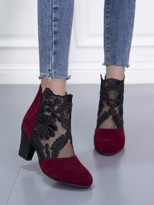 Elegant Black Lace Embroidered Ankle Block Heel Boots - Image 5