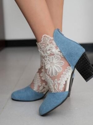 Elegant Black Lace Embroidered Ankle Block Heel Boots - Image 7