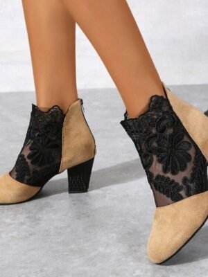 Elegant Black Lace Embroidered Ankle Block Heel Boots - Image 8