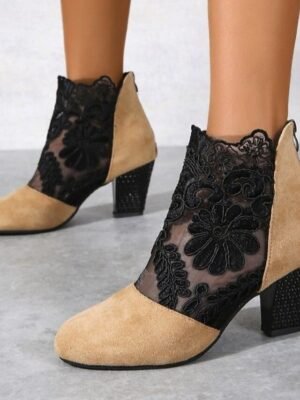 Elegant Black Lace Embroidered Ankle Block Heel Boots - Image 9