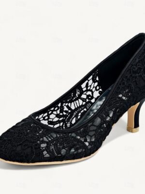 Elegant Black Lace Pointed Toe Kitten Heel Pumps - Image 1