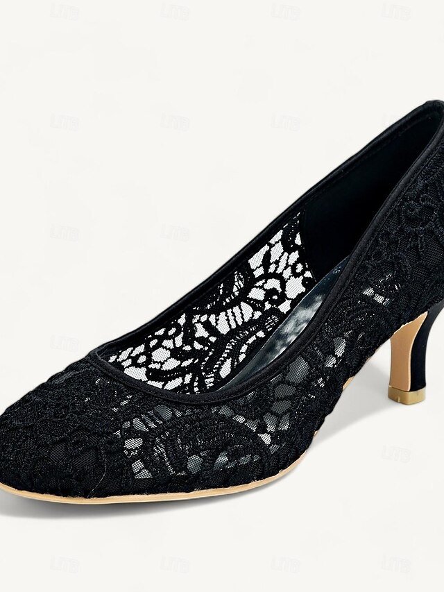 Elegant Black Lace Pointed Toe Kitten Heel Pumps - Image 1