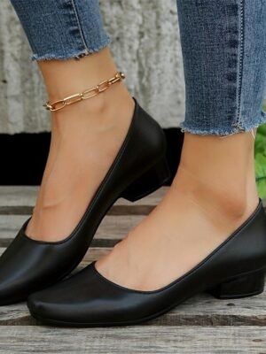 Elegant Black Low Heel Round Toe Slip-On Pumps - Image 4
