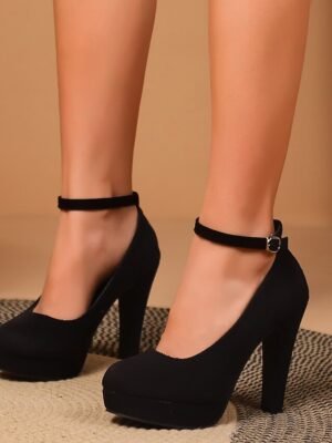 Elegant Black Platform Round Toe Ankle Strap Stiletto Pumps - Image 1