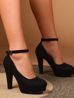 Elegant Black Platform Round Toe Ankle Strap Stiletto Pumps - Image 3