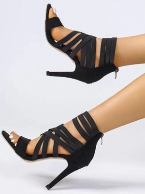 Elegant Black Strappy Stiletto Open Toe Sandals - Image 5