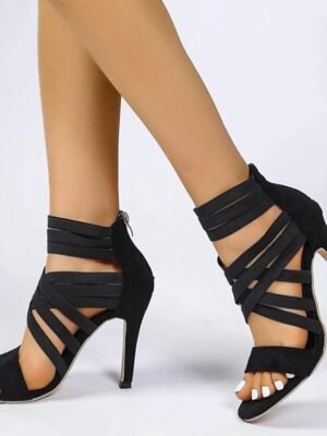 Elegant Black Strappy Stiletto Open Toe Sandals - Image 6