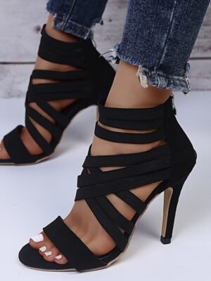 Elegant Black Strappy Stiletto Open Toe Sandals - Image 9