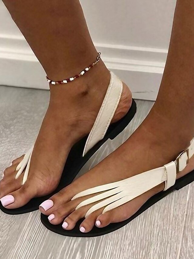 Elegant Black Strappy Toe Ring Adjustable Buckle Flat Sandals - Image 2