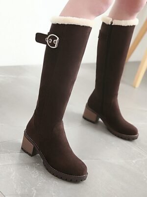 Elegant Black Suede Fur-Lined Knee-High Buckle Block Heel Boots - Image 10