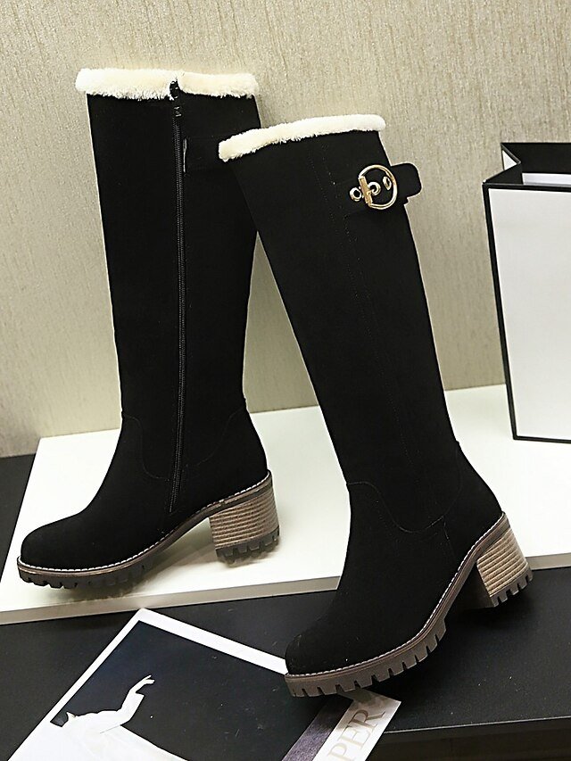 Elegant Black Suede Fur-Lined Knee-High Buckle Block Heel Boots - Image 2