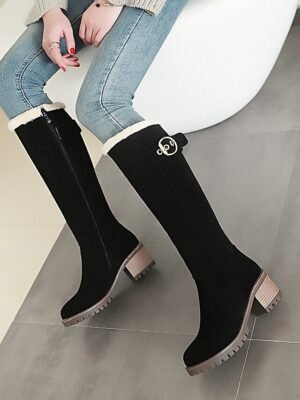 Elegant Black Suede Fur-Lined Knee-High Buckle Block Heel Boots - Image 3
