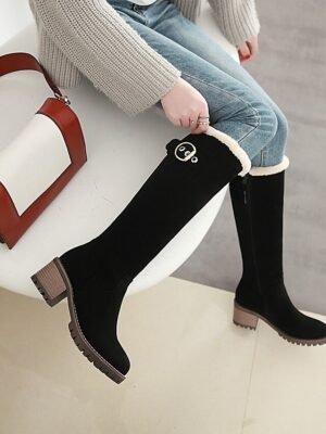 Elegant Black Suede Fur-Lined Knee-High Buckle Block Heel Boots - Image 4
