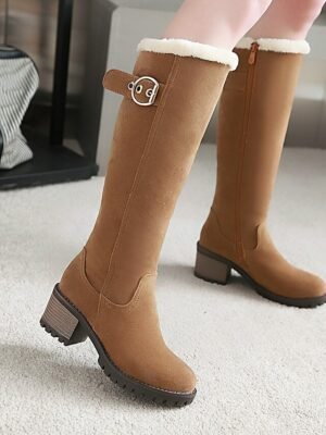 Elegant Black Suede Fur-Lined Knee-High Buckle Block Heel Boots - Image 5