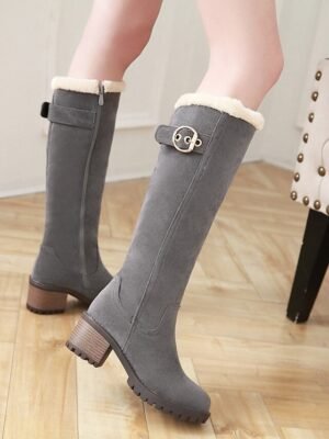 Elegant Black Suede Fur-Lined Knee-High Buckle Block Heel Boots - Image 8