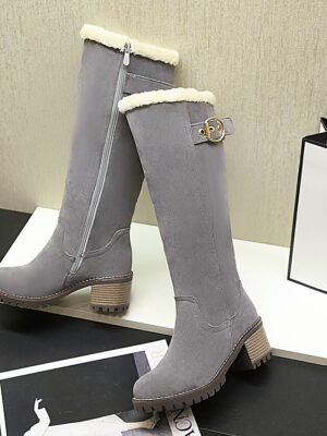Elegant Black Suede Fur-Lined Knee-High Buckle Block Heel Boots - Image 9